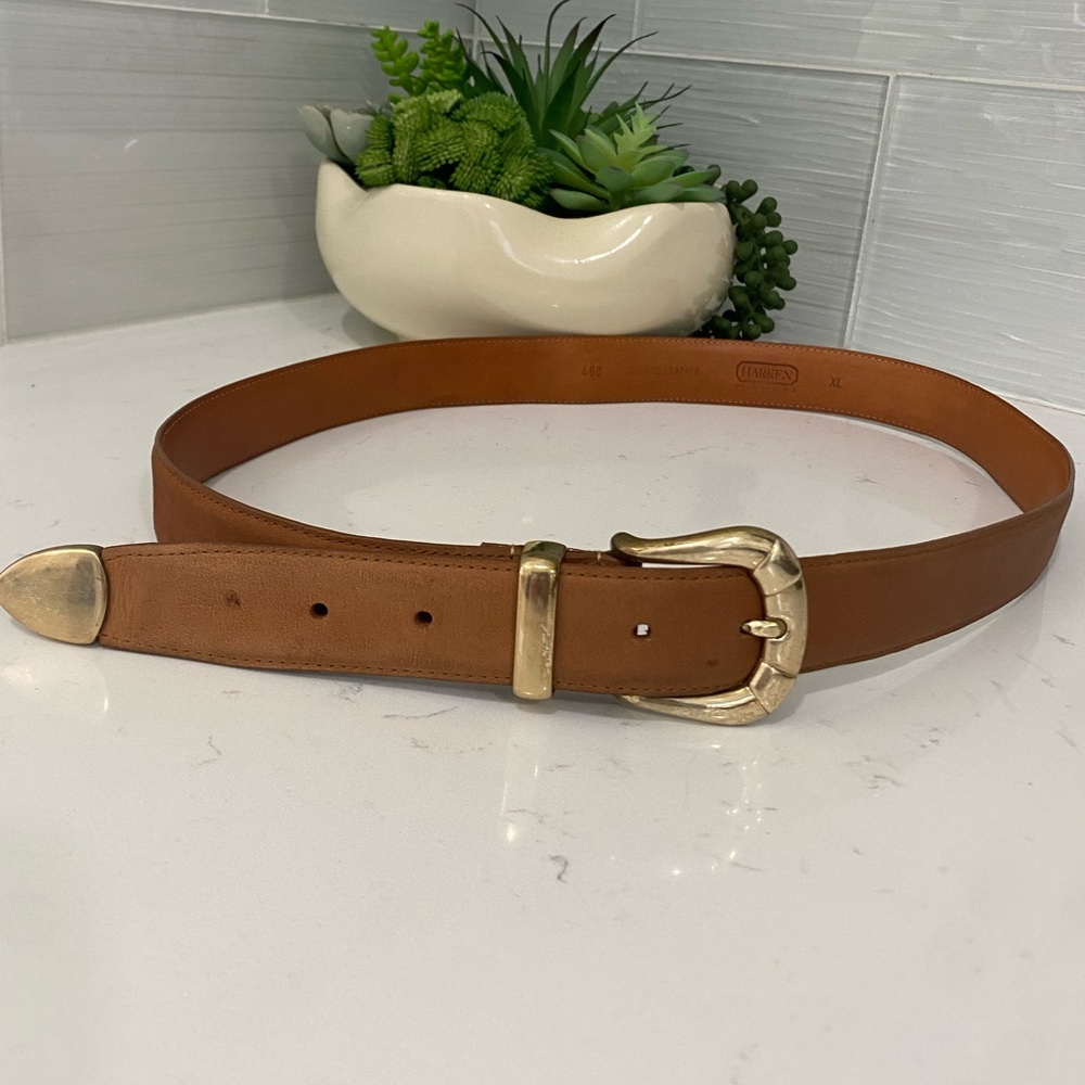 Vintage HARKEN Leather Belt XL Tan Brown Western Solid Brass Buckle Made USA⁠